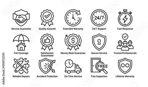 Service guarantee icons: warranty, support, security, and reliability