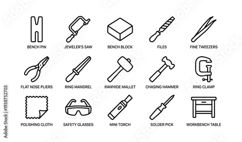 Essential jewelry making tools: bench pin, jeweler’s saw, ring mandrel, rawhide mallet, solder pick