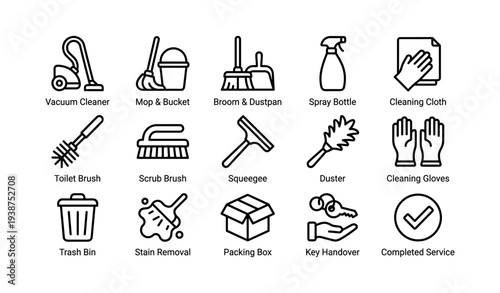 Home cleaning tools icons: vacuum, mop, broom, spray, cloth, brush, squeegee, duster, gloves, bin, stain, box, key, checkmark