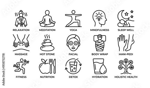 Wellness and relaxation icons: meditation, yoga, mindfulness, massage, nutrition