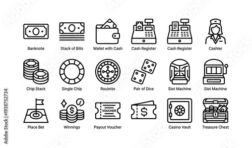 Casino icons: currency, wallet, cash register, gambling elements, vault