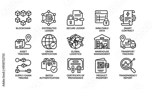 Blockchain technology icons: secure ledger, smart contract, global logistics, asset tracking