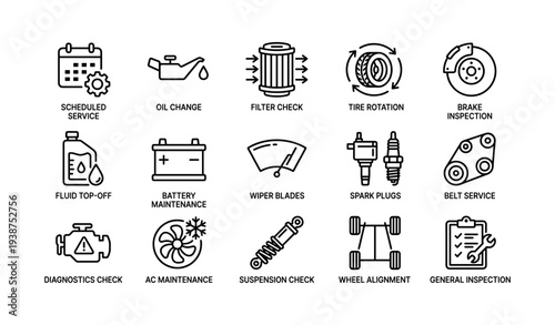 Vehicle maintenance icons: service schedule, oil change, tire rotation, brake inspection