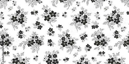 Seamless Black and White Floral Pattern with Vintage Flower Bouquets and Leaves Elegant Botanical Background Vector Illustration for Textile, Fabric, and Wallpaper Design