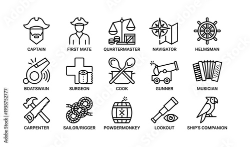 Black and white pirate crew roles: icons of captain, navigator, cook, and more