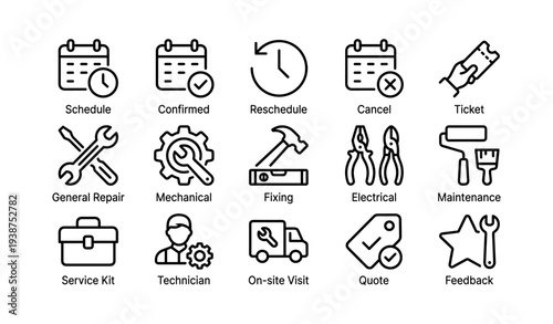 Schedule and repair icon set: includes tools, technician, maintenance, and feedback