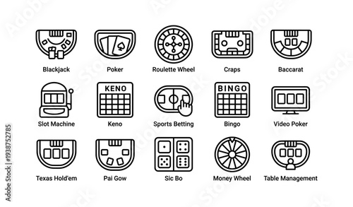 Icon set of popular casino games including poker, blackjack, and roulette