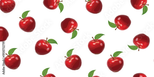 Seamless Red Apple Pattern with Glossy Fresh Fruits and Green Leaves Repeating Background for Textile, Packaging and Kitchen Design