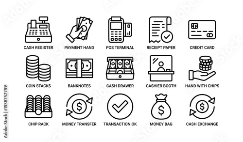 Retail icons set: cash register, payment, pos, credit card, cashier booth