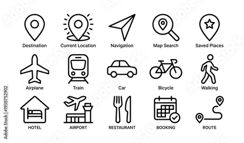 Icons for travel and transportation: navigation, map, airplane, train, car, bicycle