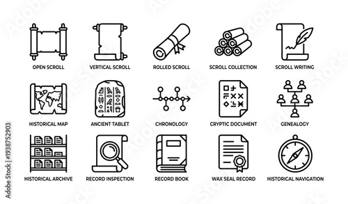 Historical scrolls icons: maps, tablets, genealogy, archives, navigation