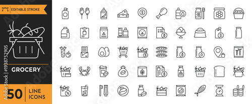 Various grocery items icons on a white background illustration