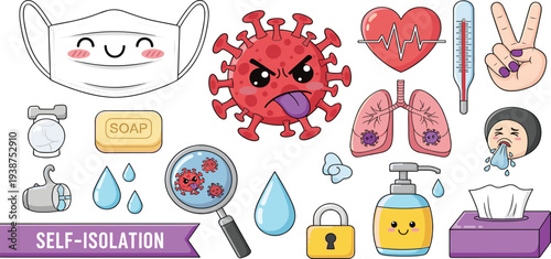 Self Isolation and Coronavirus Prevention Cartoon Icon Set with Mask, Soap, Virus, Thermometer, Lungs and Hygiene Symbols for Health Awareness Design