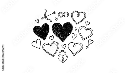 Hand Drawn Scribble Hearts and Love Symbol Icons Romantic Doodle Vector Set