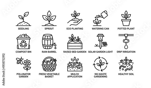 Eco-friendly gardening icons illustrating sustainable practices and tools