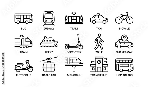 Public transportation icons: bus, subway, tram, taxi, bicycle, train, ferry, e-scooter, walk
