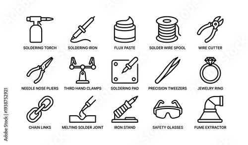 Icon set of soldering tools and equipment for electronics work