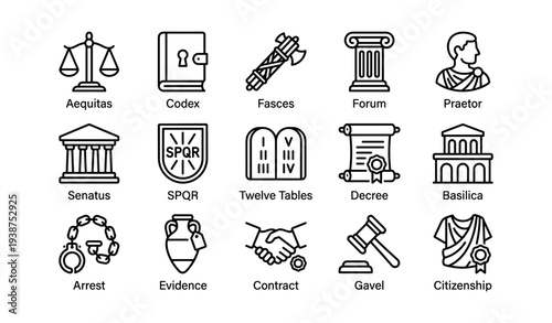 Ancient roman symbols and concepts: justice, government, decrees, and citizenship icons