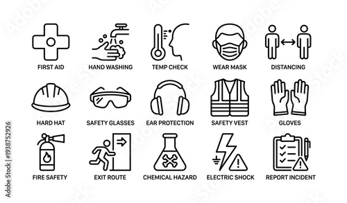 Safety icons set: protective gear, distancing, hygiene, emergency procedures