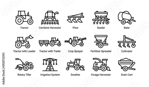 Icons of agricultural machinery: tractor, harvester, plow, seeder, baler, spreader