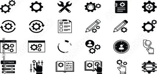 Settings and Configuration Solid Icon Set with Gear Wrench Checklist User Control Automation and System Management Symbols for Software Interface