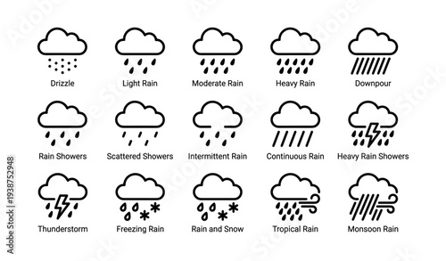 Weather icon set depicting various rainfall types and intensities