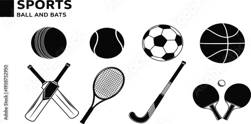 Sports Ball and Bat Icon Collection with Cricket Bat, Tennis Racket, Soccer Ball, Basketball, Hockey Stick, and Ping Pong Paddles for Game Design