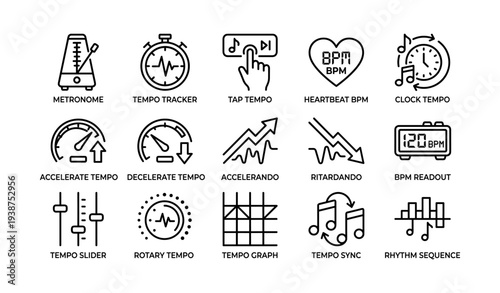 Tempo and rhythm icons: metronome, bpm, and music timing symbols