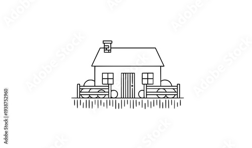 Simple Rural Farmhouse Outline Vector Black and White Countryside House Illustration