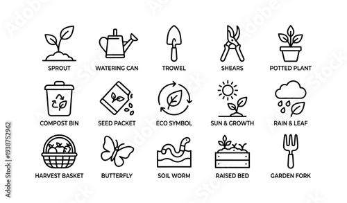 Gardening icons: tools, plants, and nature symbols line art set