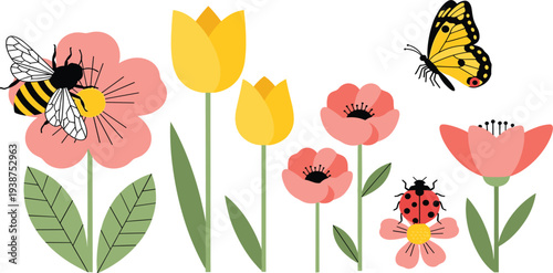 Spring Garden Vector Illustration with Tulip Flowers, Wild Blossoms, Bee, Butterfly and Ladybug Cute Nature Elements Collection
