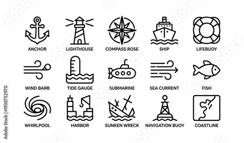 Nautical icons set featuring anchor lighthouse ship compass submarine