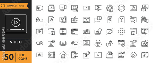A collection of various icons and symbols related to video and media on a white background.