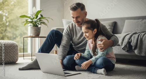 Father and daughter using laptop on living room floor together