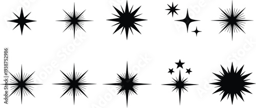 Starburst Sparkle Icon Set Featuring Radiant Light Bursts, Twinkle Stars, Shine Effects, and Decorative Flash Shapes for Design, Celebration, and Graphic Elements