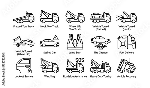 Various tow truck services and emergency vehicle assistance icons