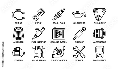 Automotive symbols: engine parts and maintenance icons set