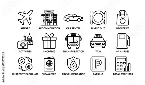 Travel budget icons: airfare, accommodation, dining, shopping, transportation