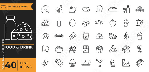 A collection of food and drink icons on a white background displays various culinary items.