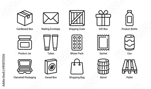 Collection of various packaging icons including boxes, envelopes, and containers