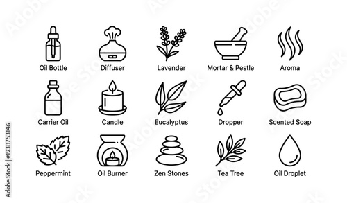 Essential oil icons: lavender, eucalyptus, peppermint, diffuser, candle