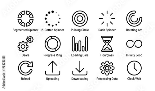 Minimalist loading icons collection: segmented, dotted, pulser, dash, arc