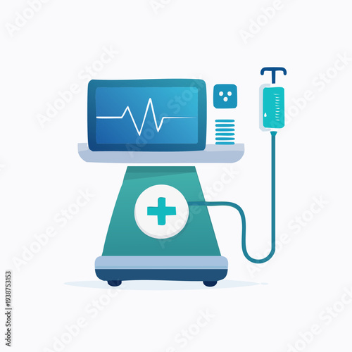 Medical equipment with heart monitor and IV drip.