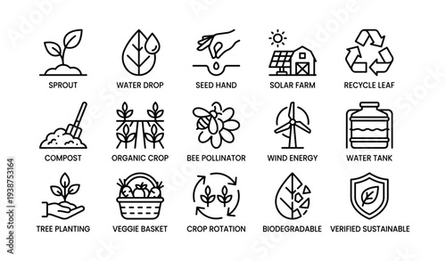 Eco-friendly icons: renewable energy, sustainable farming, recycling, and organic agriculture