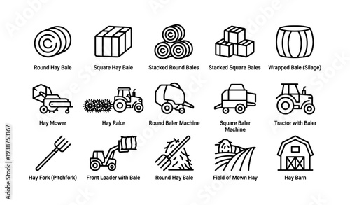 Icon set of hay bales, farming equipment, and agricultural tools