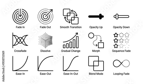 Icons representing transition effects and design tools for animation and graphic design