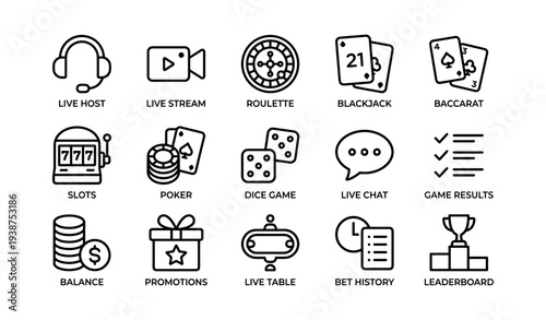 Casino icons set: host, games, chat, results, balance, promotions, leaderboard