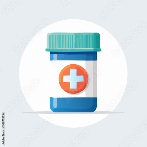 Medical Prescription Bottle with Orange Cross Symbol on White Background.