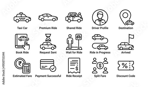 Ride-sharing app icons: taxi, car, driver, destination, payment options
