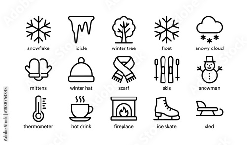 Winter icons set: snowflake, icicle, winter tree, frost, snowy cloud, and more